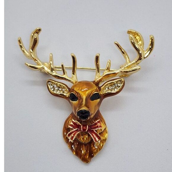 Reindeer Christmas Brooch Magnificent Stag with Bowtie Shiny Enamel Nice One - Picture 1 of 4